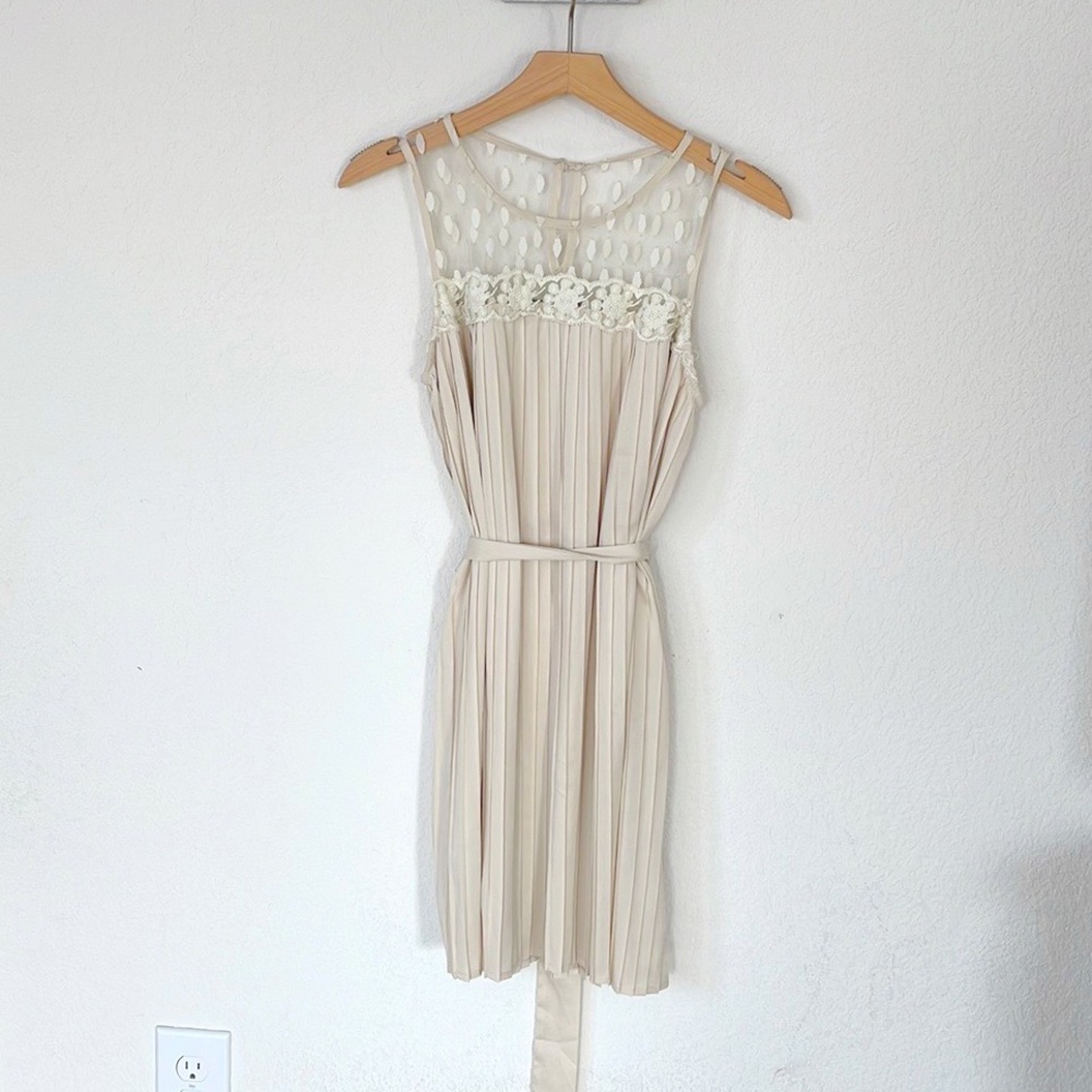 C. Luce • Ivory Pleated Lace Illusion Mesh Belted Cocktail Dress